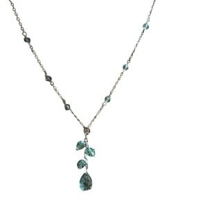 Teal Blue Faceted Glass Bead Silver Tone Y-Necklace Teardrop Pendant Layering